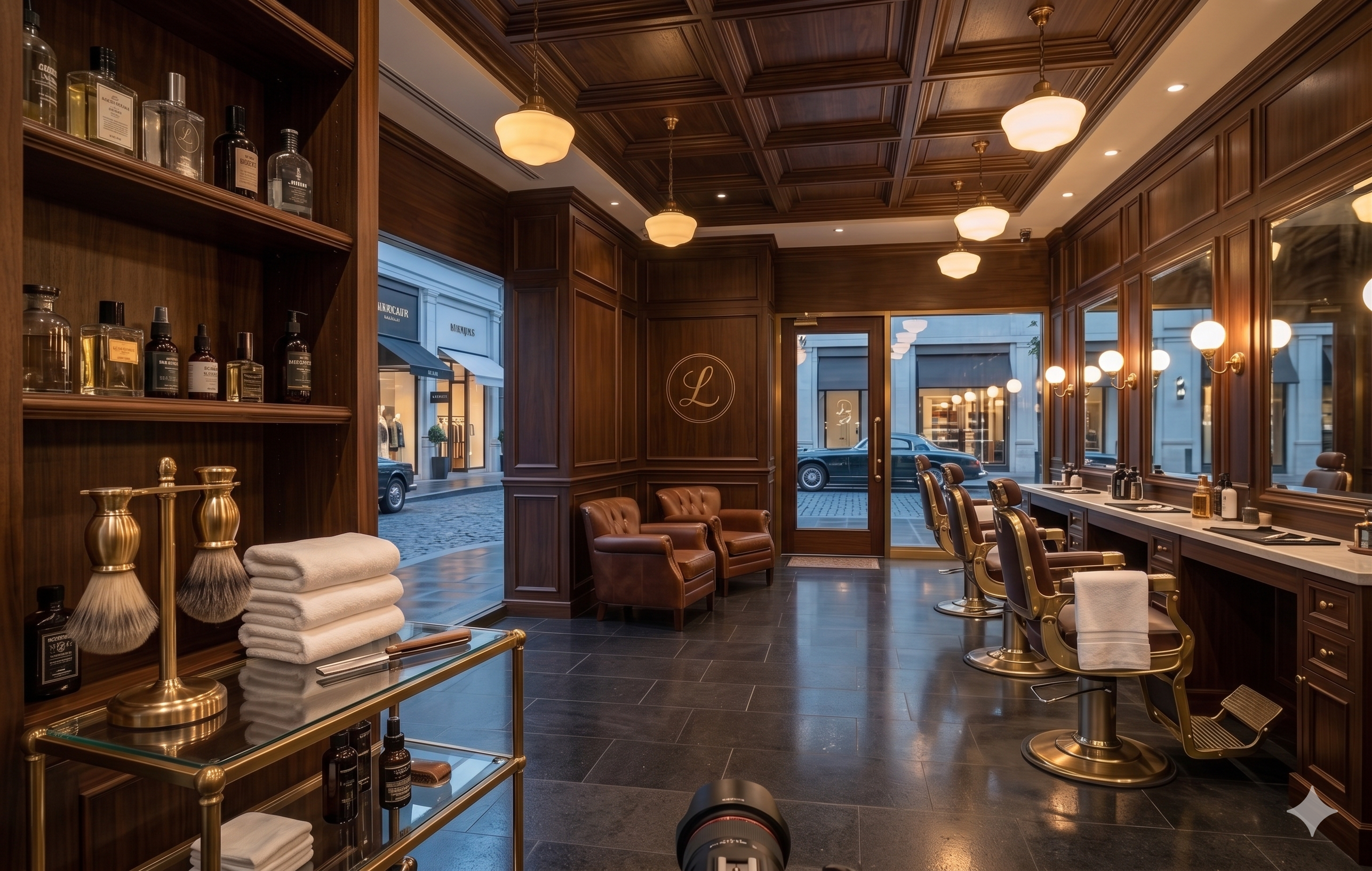 Salão vazio da Legacy Barber Shop revelando o ambiente premium e sofisticado da barbearia